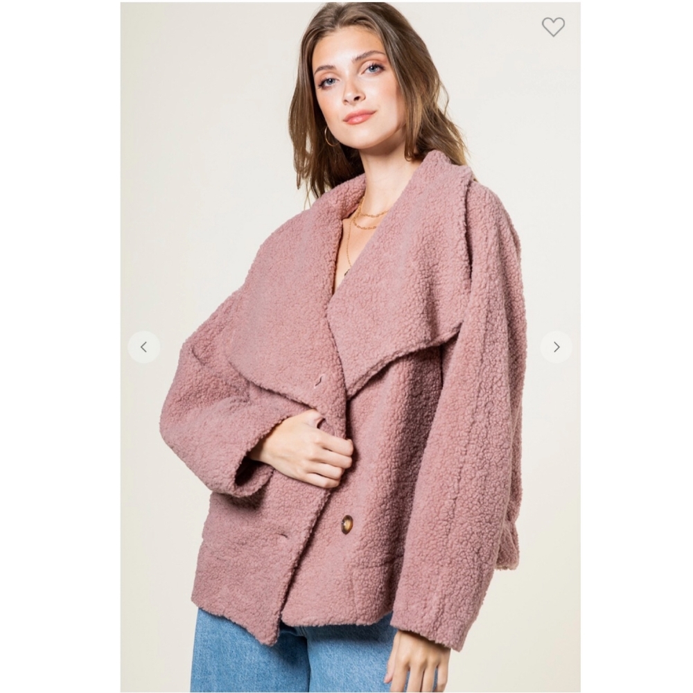 NEW IN By VERY J Nordstrom Cozy Chic Mauve Sherpa Oversized Teddy Coat Jacket - Picture 5 of 8